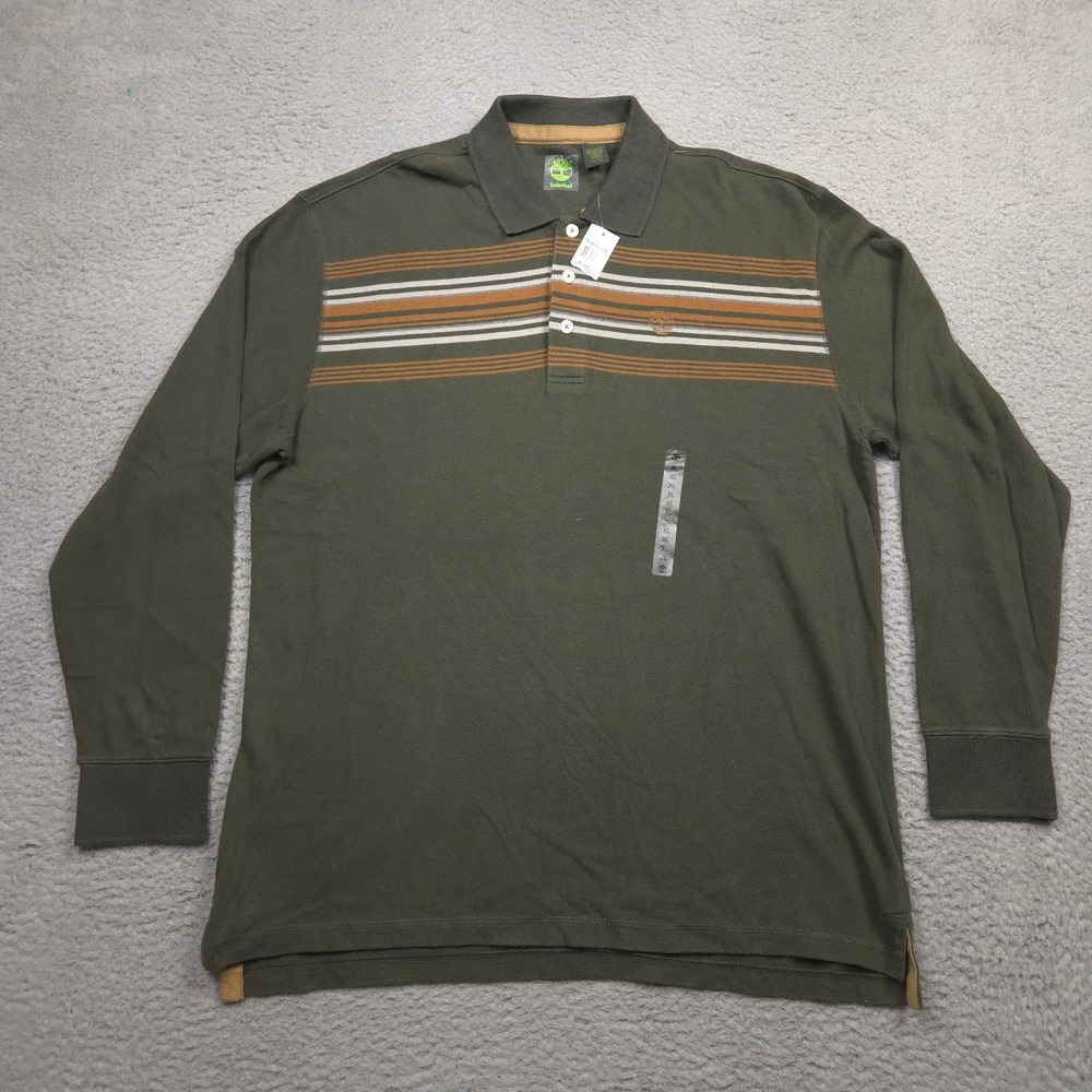 Timberland Polo Shirt Men XL Olive Green Striped Long Sleeve Cotton Logo